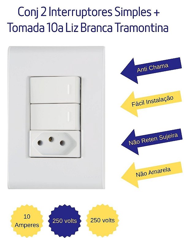 Cj 2 Interruptor Simples + Tomada 10a Liz Branca Tramontina