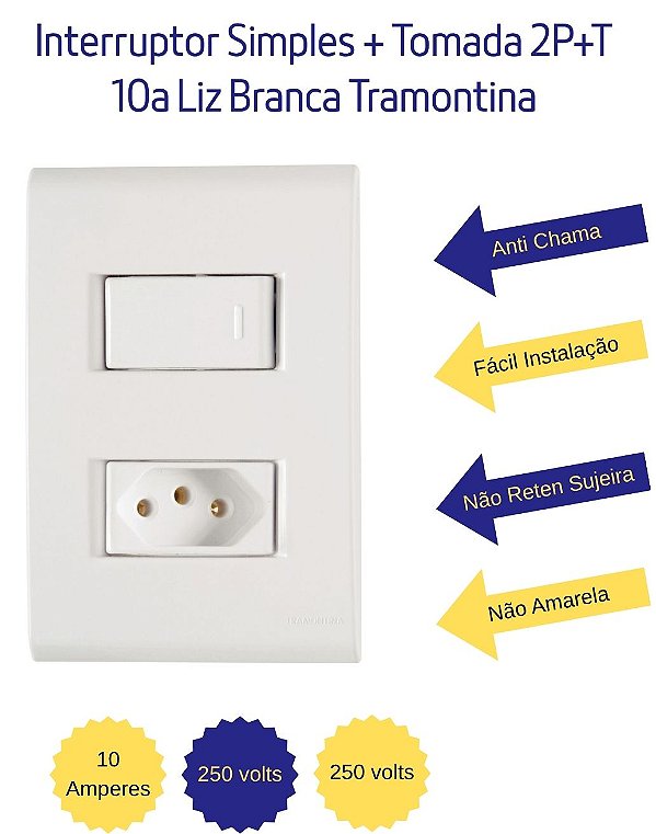 Interruptor Simples + Tomada 2P+T 10a Liz Branca Tramontina