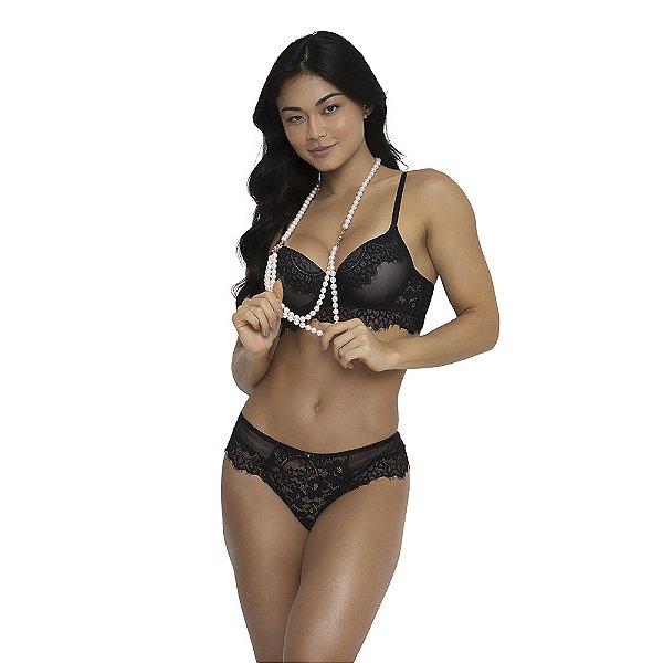 Conjunto Sutiã Bojo Tule e Calcinha Tanga Renda Daily Delights