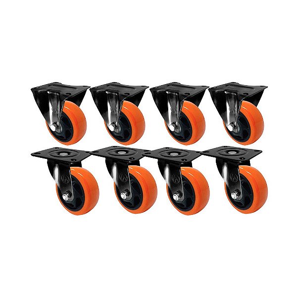KIT 8 UN RODA RODÍZIO FIXO GIRATÓRIO PVC LARANJA 2 POL 50MM