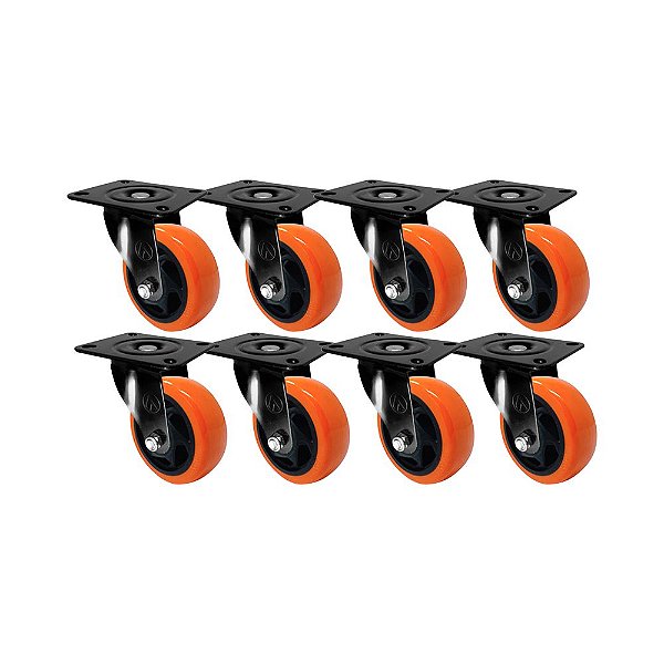KIT 8 UN RODA RODÍZIO GIRATÓRIO PVC LARANJA 2 POL 50MM MÓVEL