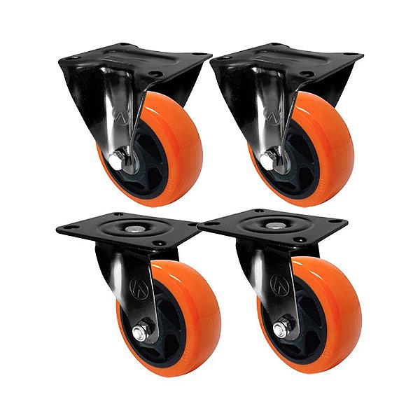 KIT 4 UN RODA RODÍZIO FIXO E GIRATÓRIO PVC LARANJA 40MM