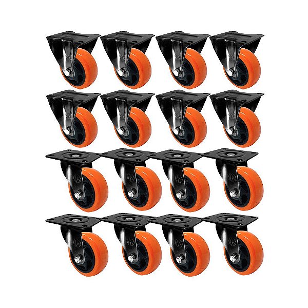 KIT 16 UN RODA RODÍZIO FIXO E GIRATÓRIO PVC LARANJA 3" 75MM