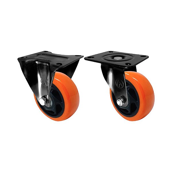 KIT 2 UN RODA RODÍZIO FIXO GIRATÓRIO PVC LARANJA 3 POL 75MM