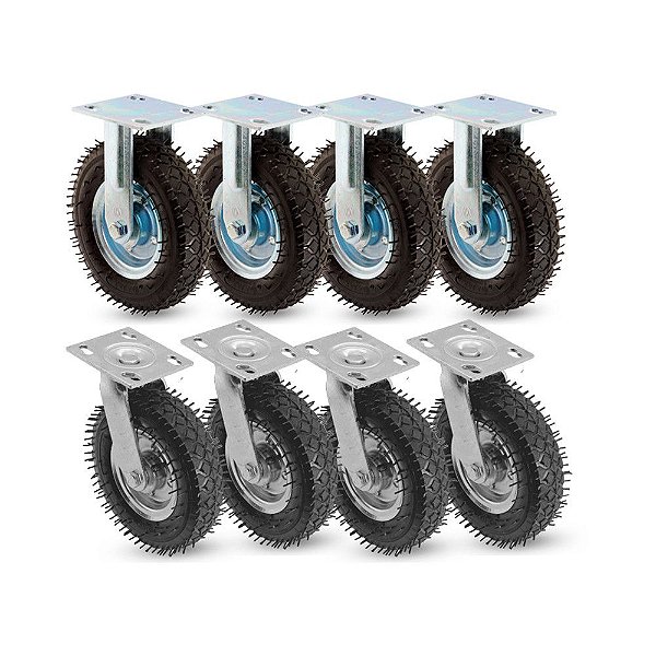 KIT 8 UN RODÍZIO FIXO E GIRATÓRIO PNEUMÁTICO CARGO 250X4