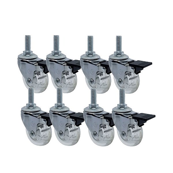 KIT 8 UN RODA RODÍZIO GIRATÓRIO ROSCA FREIO GEL 3 POL 75MM