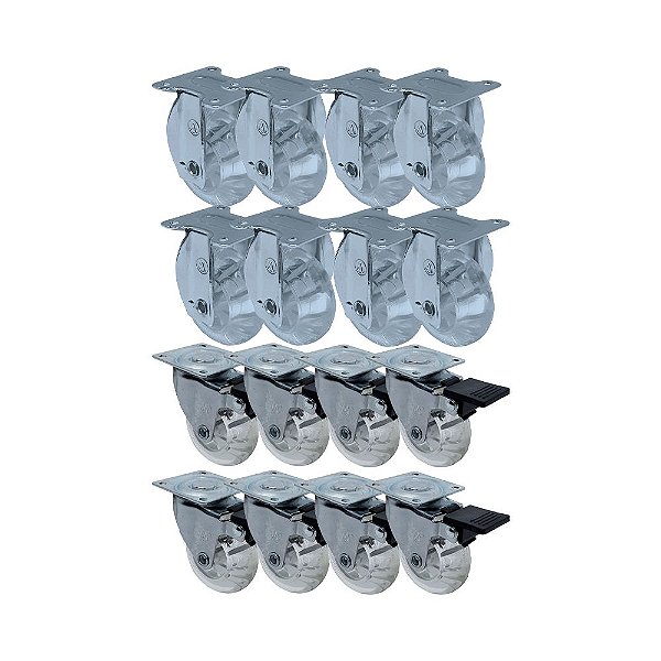 KIT 16 UN RODA RODÍZIO FIXO E GIRATÓRIO FREIO GEL 3 POL 75MM
