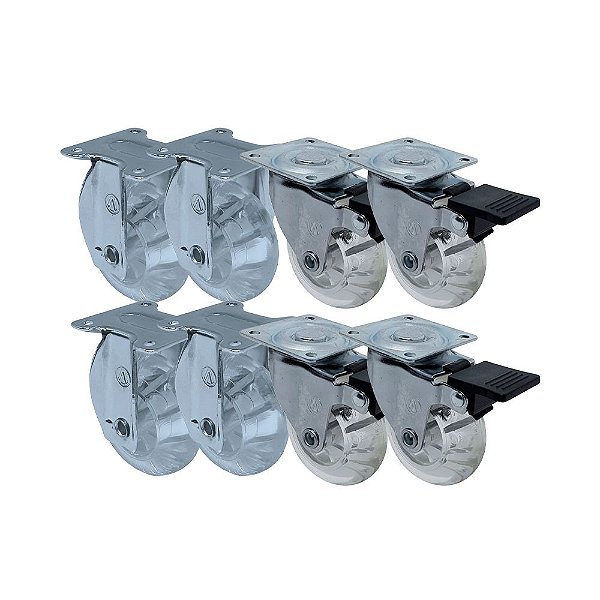 KIT 8 UN RODA RODÍZIO FIXO E GIRATÓRIO FREIO GEL 3 POL 75MM
