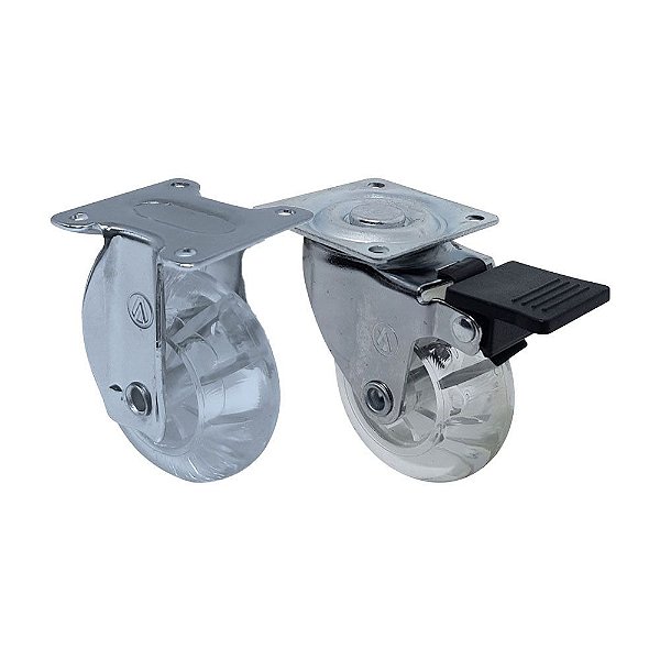 KIT 2 UN RODA RODÍZIO FIXO E GIRATÓRIO FREIO GEL 3 POL 75MM