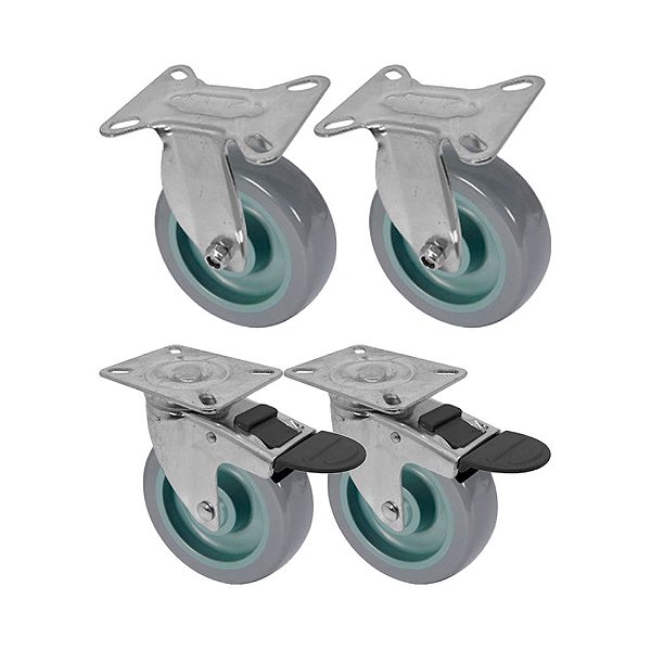 KIT 4 UN RODA RODÍZIO FIXO GIRATÓRIO FREIO TRAVA PVC BP 4"