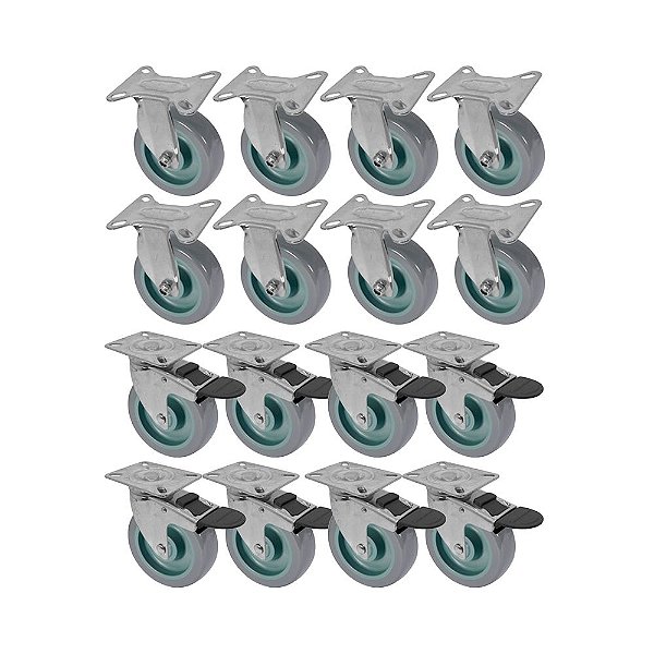 KIT 16 UN RODA RODÍZIO FIXO GIRATÓRIO FREIO TRAVA PVC BP 5"