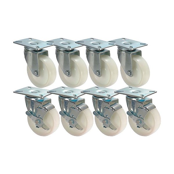 KIT 8 UN RODA RODÍZIO GIRATÓRIO FREIO NYLON 3 POL 75MM