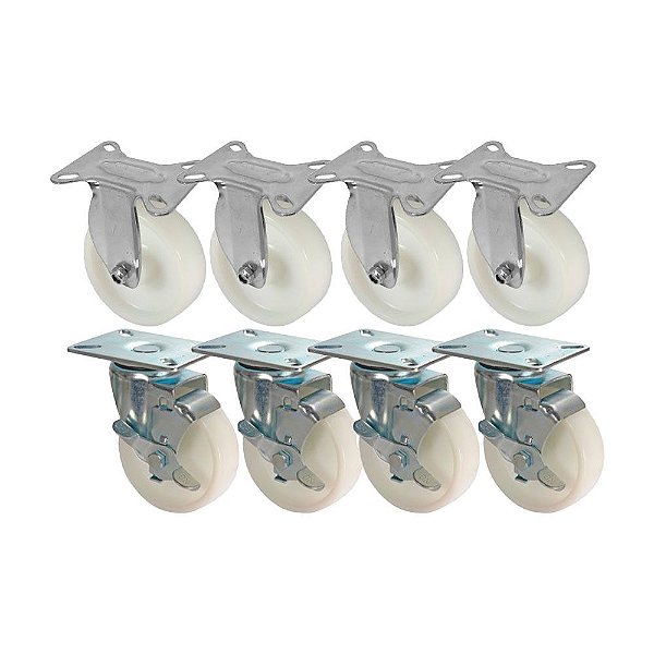 KIT 8 UN RODA RODÍZIO FIXO GIRATÓRIO FREIO NYLON 3 POL 75MM