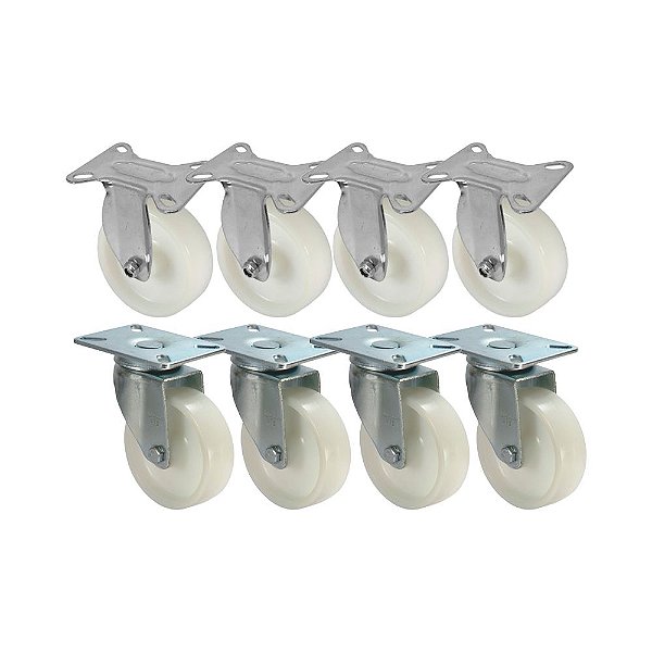 KIT 8 UN RODA RODÍZIO FIXO E GIRATÓRIO NYLON 3 POL 75MM