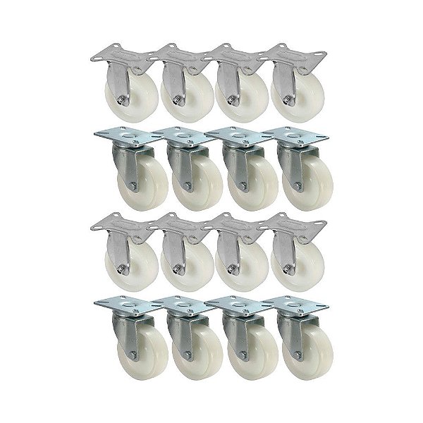 KIT 16 UN RODA RODÍZIO FIXO E GIRATÓRIO NYLON 4 POL 100MM