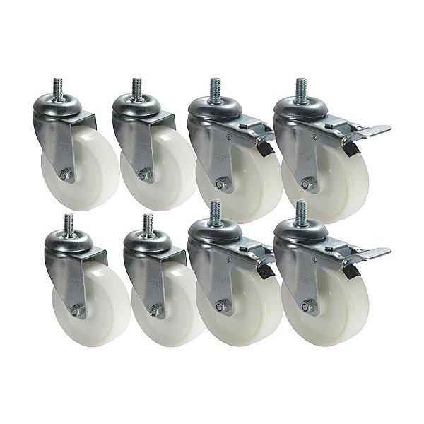 KIT 8 UN RODA RODÍZIO ROSCA GIRATÓRIO FREIO TRAVA NYLON 4"