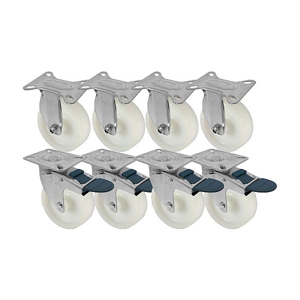KIT 8 UN RODA RODÍZIO FIXO GIRATÓRIO FREIO NYLON 4 POL 100MM
