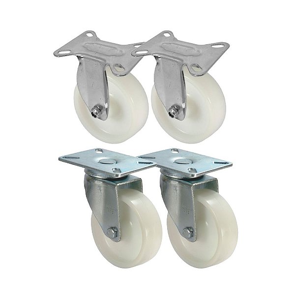 KIT 4 UN RODA RODÍZIO FIXO E GIRATÓRIO NYLON 4 POL 100MM