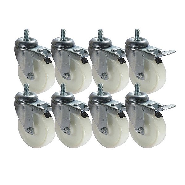 KIT 8 UN RODA RODÍZIO GIRATÓRIO ROSCA FREIO TRAVA NYLON 5"