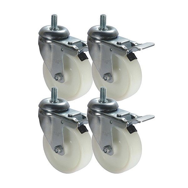 KIT 4 UN RODA RODÍZIO GIRATÓRIO ROSCA FREIO TRAVA NYLON 5"