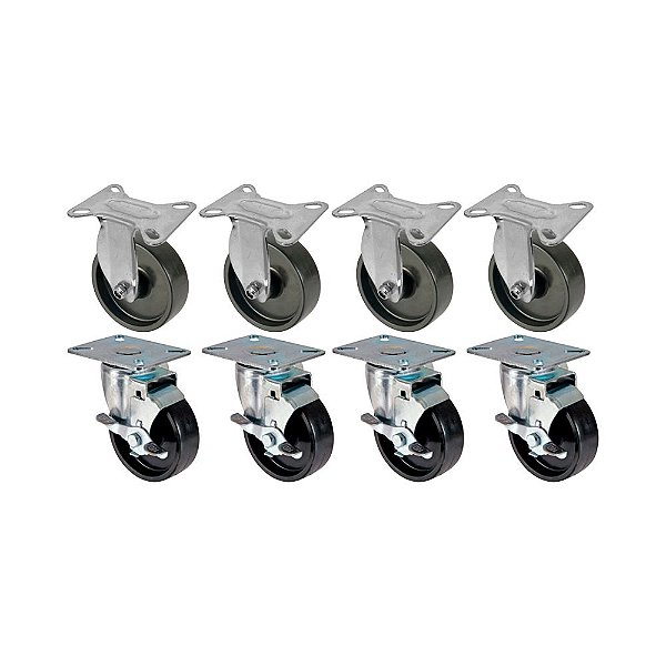 KIT 8 UN RODA RODÍZIO FIXO GIRATÓRIO FREIO POLIPROPILENO 4"