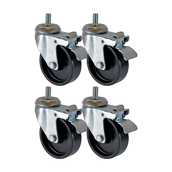 KIT 4 UN RODA RODÍZIO GIRATÓRIO ROSCA FREIO POLIPROPILENO 3"