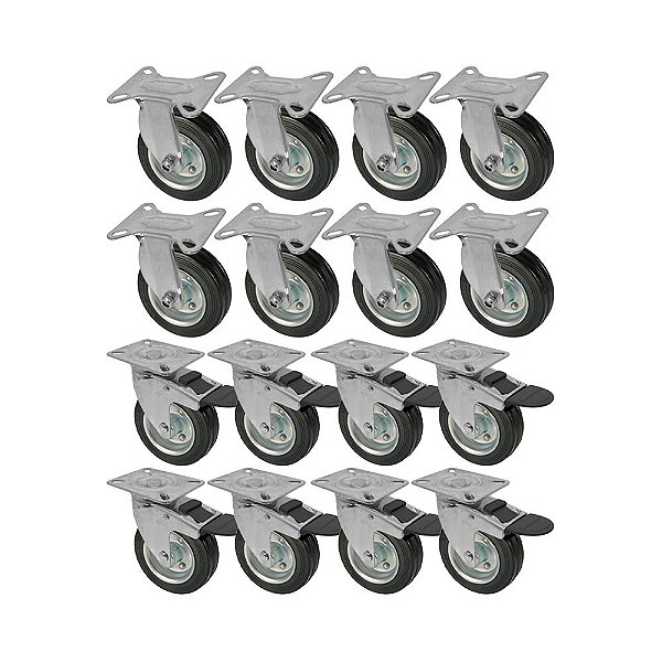 KIT 16 UN RODA RODÍZIO FIXO GIRATÓRIO TRAVA BORRACHA 3 POLEG