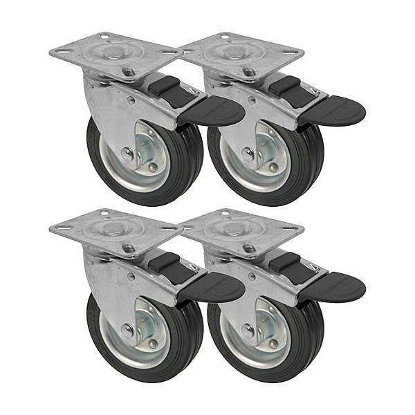 KIT 4 UN RODA RODÍZIO GIRATÓRIO TRAVA BORRACHA MACIÇA 3 POL