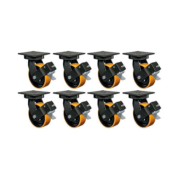 KIT 8UN RODA RODÍZIO GIRATÓRIO FREIO 8" PU MOLDADO GMX82PEFP