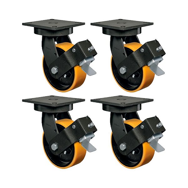 KIT 4UN RODA RODÍZIO GIRATÓRIO FREIO 8" PU MOLDADO GMX82PEFP