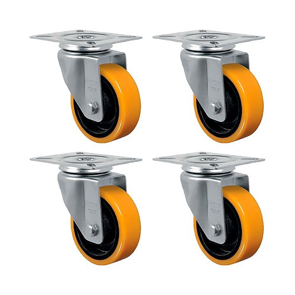 KIT 4 UN RODÍZIO RODA GIRATÓRIO 4" PU MOLDADO GL414 PN 300KG
