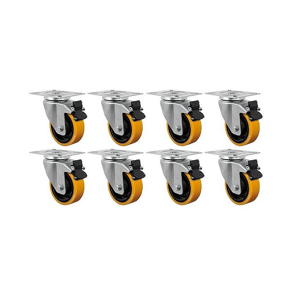 KIT 8 UN RODÍZIO RODA GIRATÓRIO FREIO 3" PU MOLDADO GL312PNG