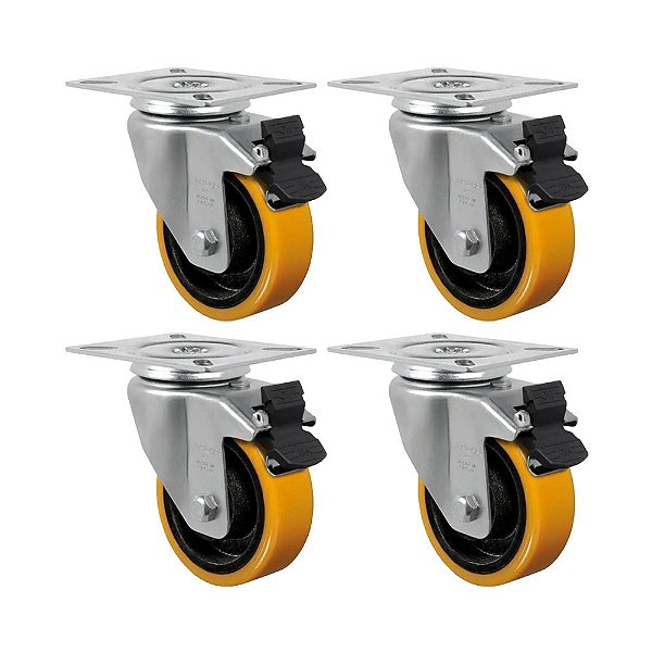 KIT 4 UN RODÍZIO RODA GIRATÓRIO FREIO 3" PU MOLDADO GL312PNG