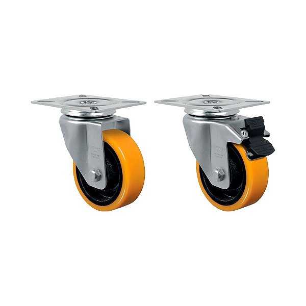 KIT 2UN RODÍZIO GIRATÓRIO FREIO 4" POLIURETANO MOLDADO 300KG