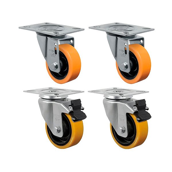 KIT 4UN RODÍZIO GIRATÓRIO FREIO 3" POLIURETANO MOLDADO 170KG