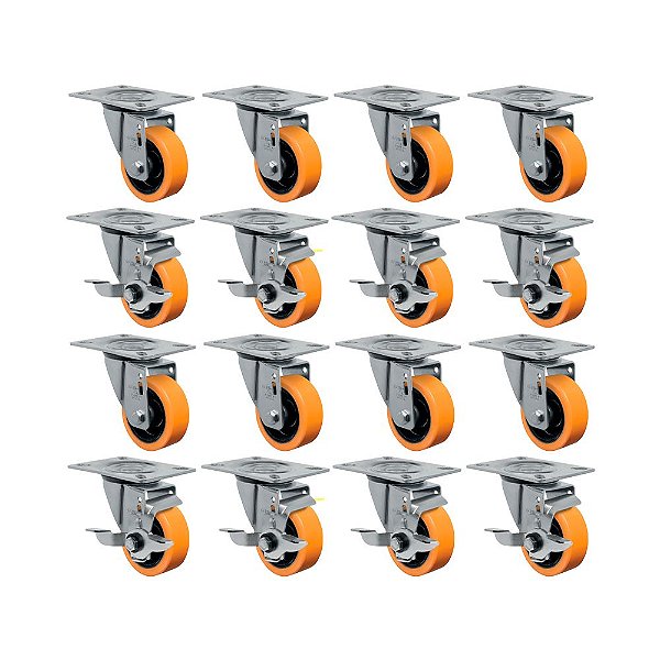 KIT 16UN RODÍZIO GIRATÓRIO FREIO 3" POLIURETANO MOLDAD 170KG