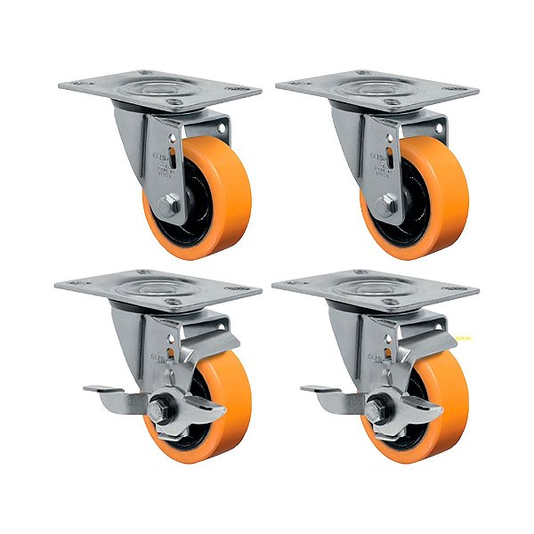 KIT 4UN RODÍZIO GIRATÓRIO FREIO 3" POLIURETANO MOLDADO 170KG