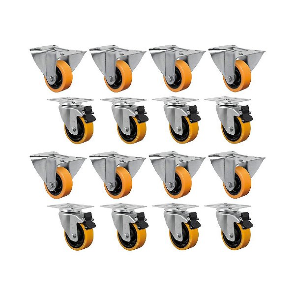 KIT 16UN RODÍZIO FIXO GIRATÓRIO FREIO 3" PU MOLDADO 170KG