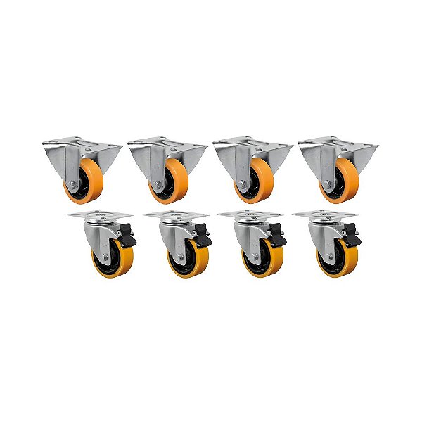 KIT 8 UN RODÍZIO FIXO GIRATÓRIO FREIO 3" PU MOLDADO 170KG