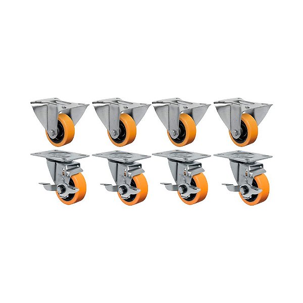 KIT 8 UN RODÍZIO FIXO GIRATÓRIO FREIO 3" PU MOLDADO 170KG