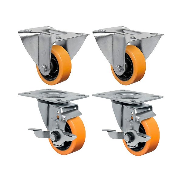 KIT 4 UN RODÍZIO FIXO GIRATÓRIO FREIO 3" PU MOLDADO 170KG