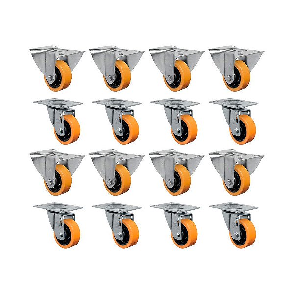 KIT 16UN RODÍZIO FIXO GIRATÓRIO 3" POLIURETANO MOLDADO 170KG