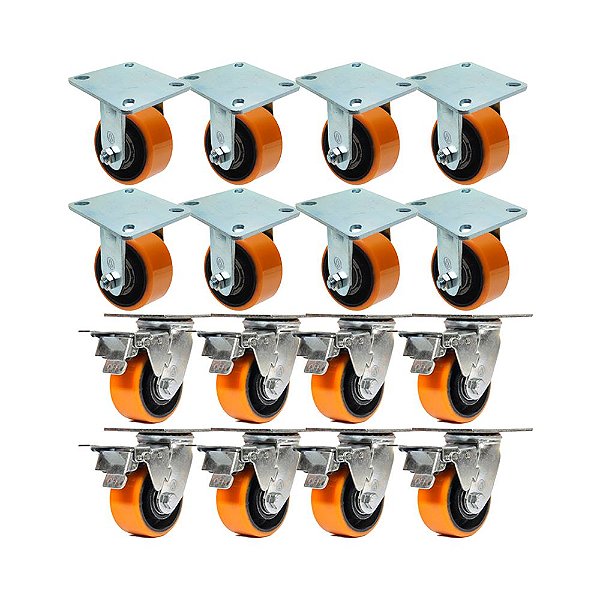 KIT 16 UN RODA RODÍZIO FIXO GIRATÓRIO FREIO FERRO PU 5 POLEG