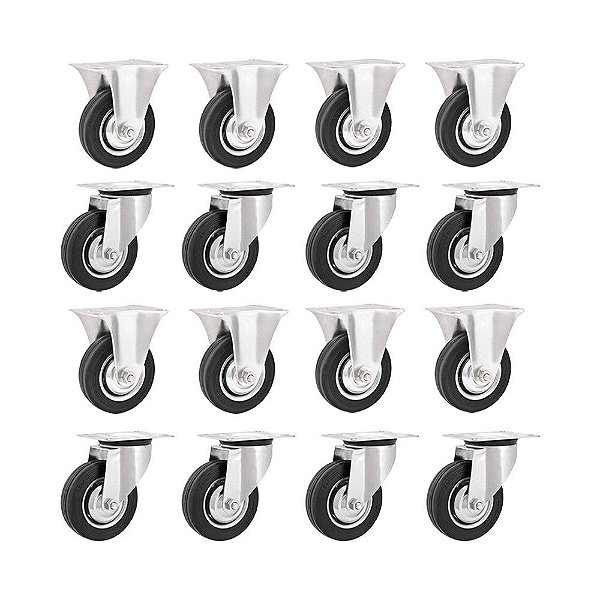 KIT 16 UN RODÍZIO FIXO GIRATÓRIO BORRACHA PRETA 8 203MM