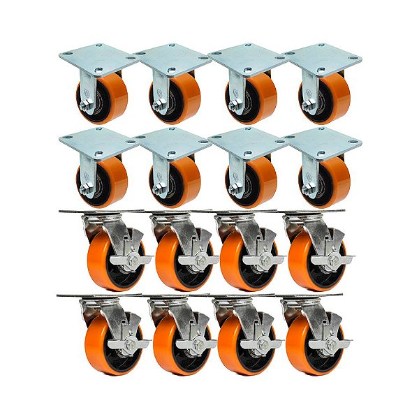 KIT 16 UN RODÍZIO FIXO GIRATÓRIO FREIO POLIURETANO FERRO 6"