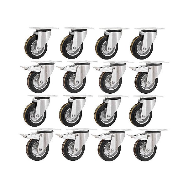 KIT 16 UN RODÍZIO GIRATÓRIO FREIO BORRACHA PRETA 4" 101MM