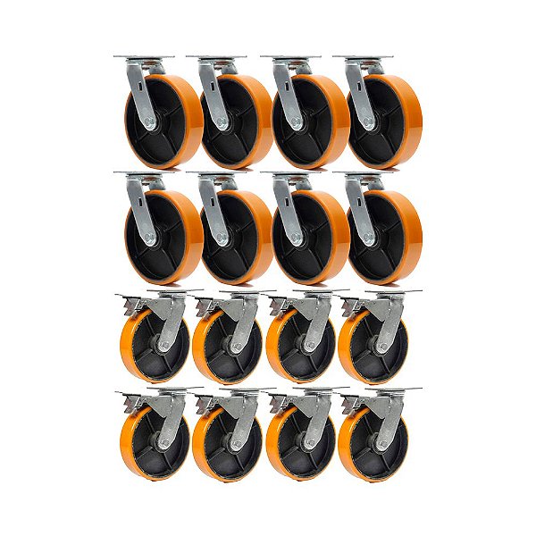 KIT 16 UN RODÍZIO GIRATÓRIO FREIO TRAVA POLIURETANO FERRO 8"