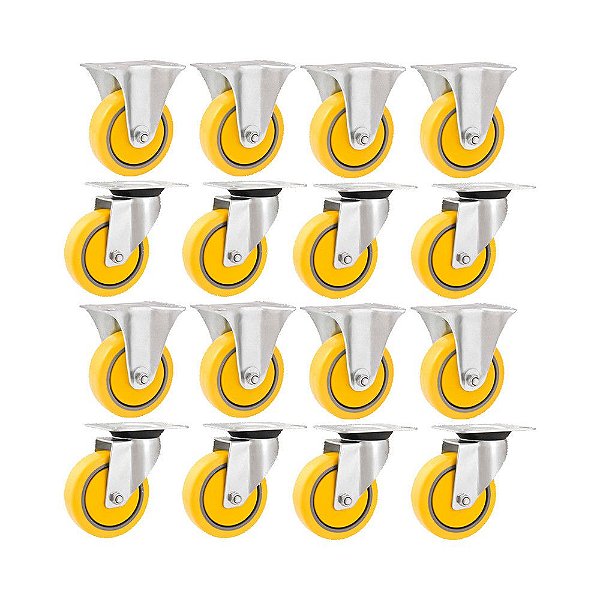 KIT 16 UN RODÍZIO RODA FIXO E GIRATÓRIO  PVC AMARELA 4 101MM