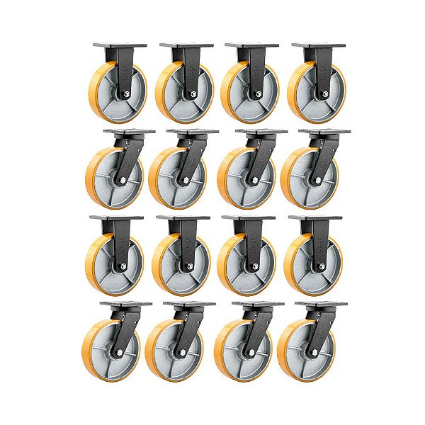 KIT 16 UN RODÍZIO RODA FIXO E GIRATÓRIO POLIURETANO 8" 203MM