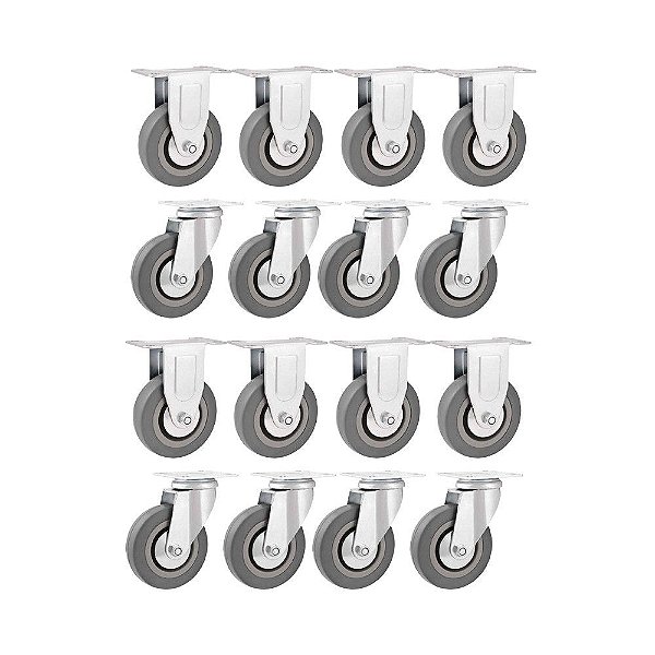 KIT 16 UN RODÍZIO RODA FIXO E GIRATÓRIO PVC CINZA 3" 76MM